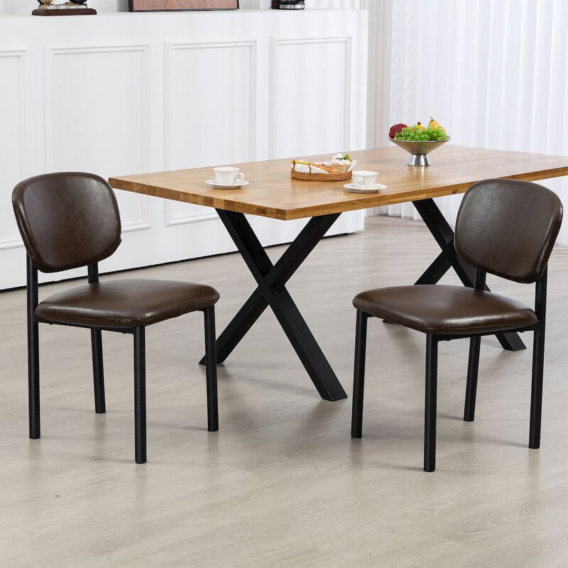 Glamour Home Set of 2 Dark Brown Faux Leather Upholstered Dining Chair Black Iron Legs
