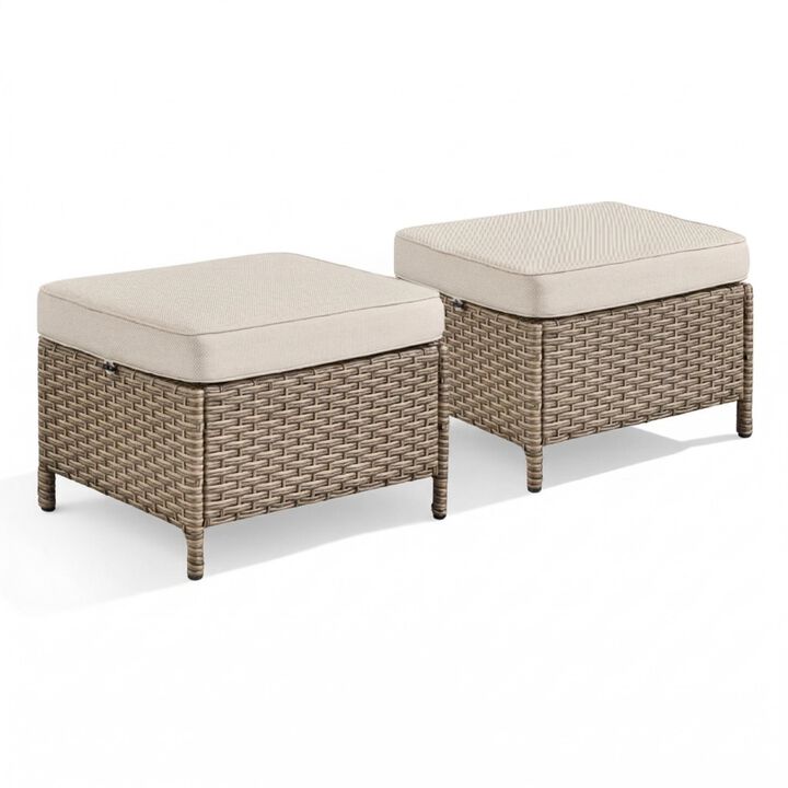 Outdoor Wicker Ottoman Set，Patio Storage Footstools (2-Pack)