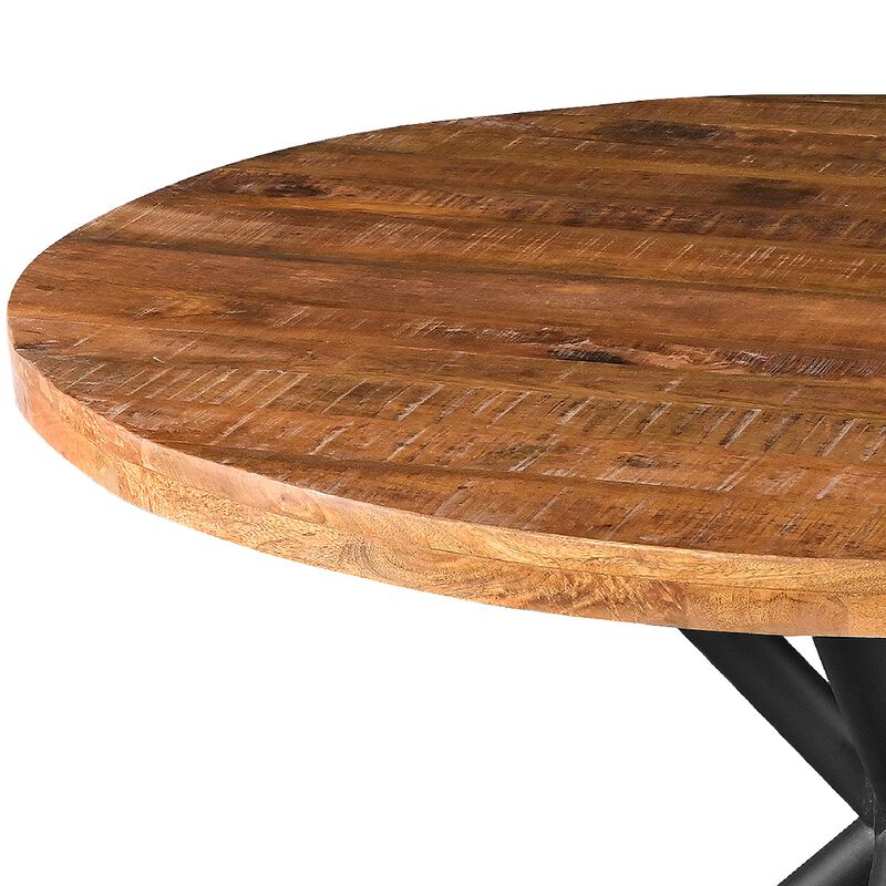 48 Inch Handcrafted Dining Table, Solid Mango Wood Round Top with Iron Crisscrossed Legs, Natural Brown and Black-Benzara