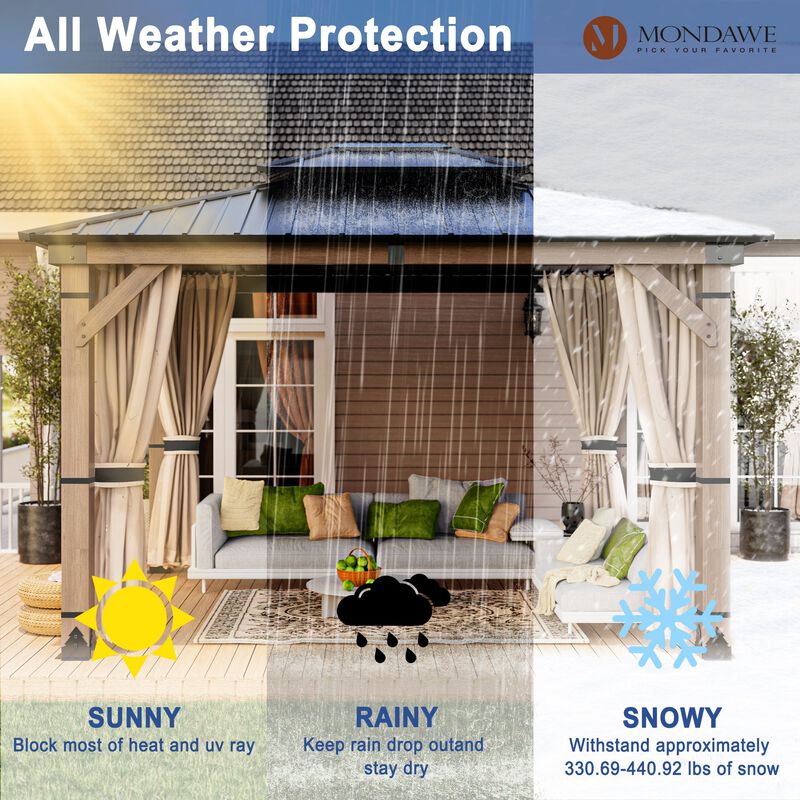 Mondawe Beverly Hills 10 ft. x 12 ft. Outdoor Fir Solid Wood Frame Patio Gazebo Canopy Shelter Galvanized Steel Hardtop with Netting And Curtain