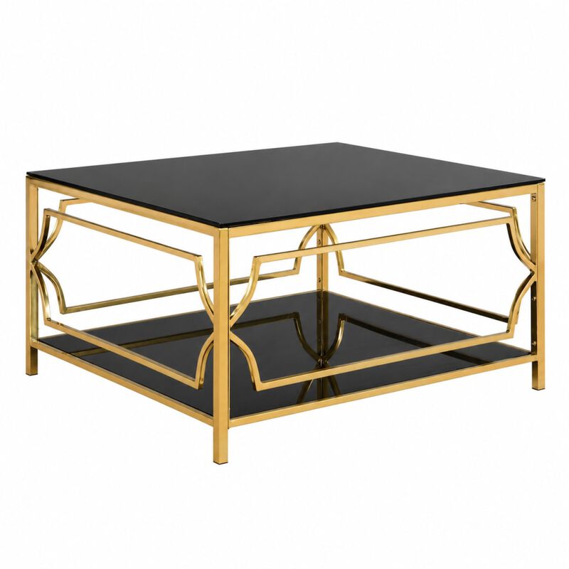GOODSILO 33.5 Inch Square Tempered Glass Coffee Table with Geometric Metal Frame, Lower Storage Shelf for Modern Living Space Use image number 0