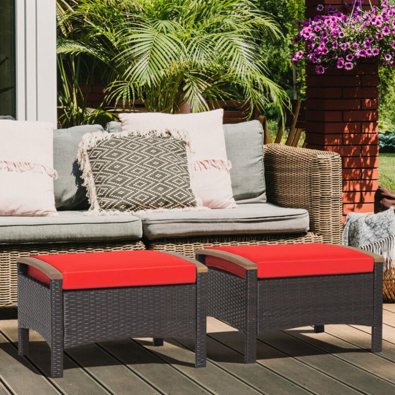 Hivvago Set of 2 Wicker Patio Ottoman Fade-Resistant Foot Rest with Cushion