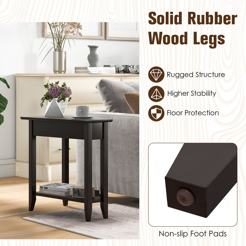 2-Tier Wedge End Table with Storage Shelf and Solid Wood Legs for Small Spaces