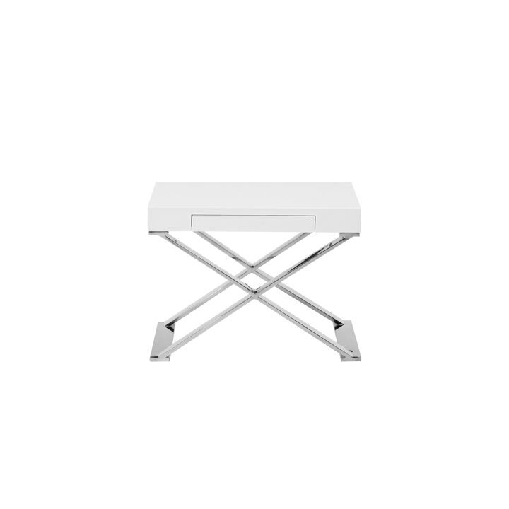 Rix 21 Inch Side End Table, 1 Drawer, X Shape Steel Legs, White Wood Top