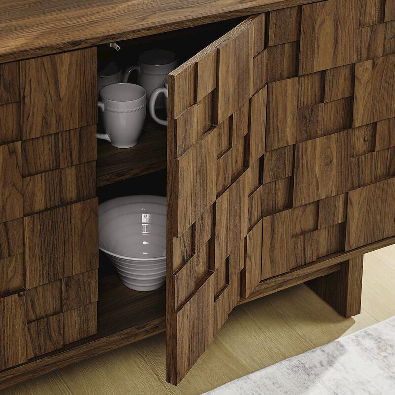 Modway Owen 4-Door Modern Carved Geometric Sideboard in Walnut - 59 Inch Buffet Cabinet with Adjustable Shelves &ndash; Living Room or Dining Room Storage Credenza image number 9
