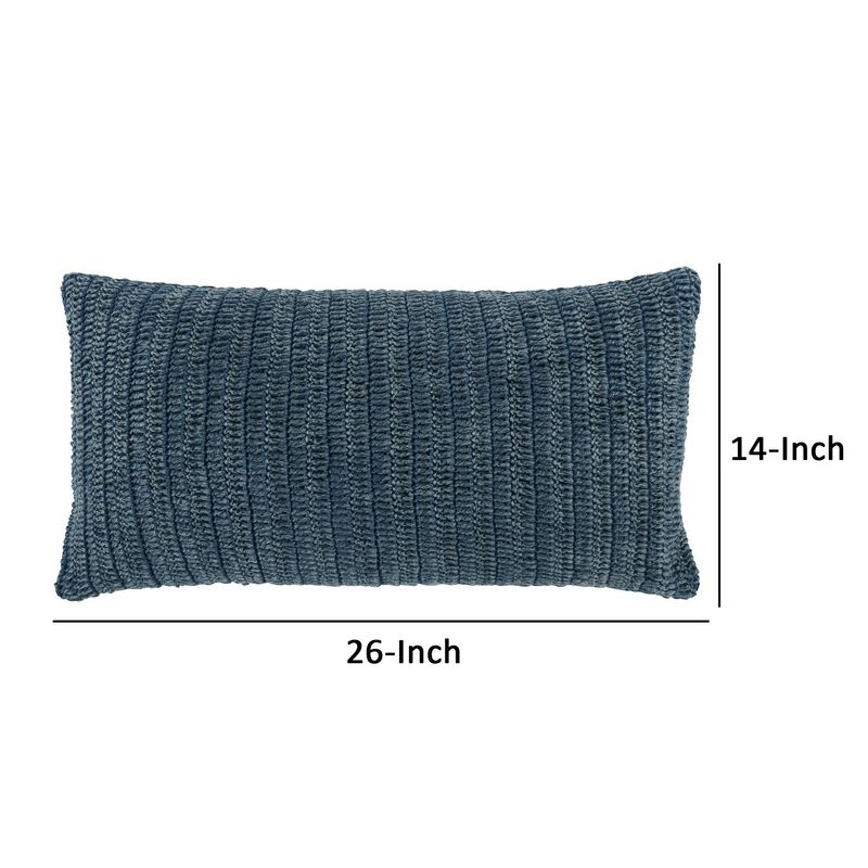 Rosie 14 x 26 Lumbar Accent Throw Pillow, Hand Knitted Designs, Blue Linen - Benzara