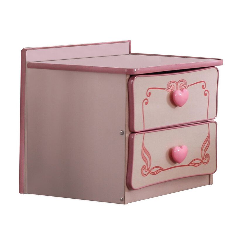 2 Drawer Wooden Nightstand with Heart Knob Pulls, Pink-Benzara