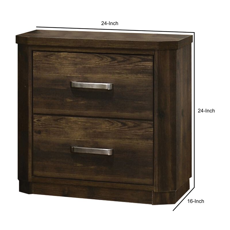 Transitional Style 2 Drawer Wooden Nightstand with Plinth Base, Brown-Benzara