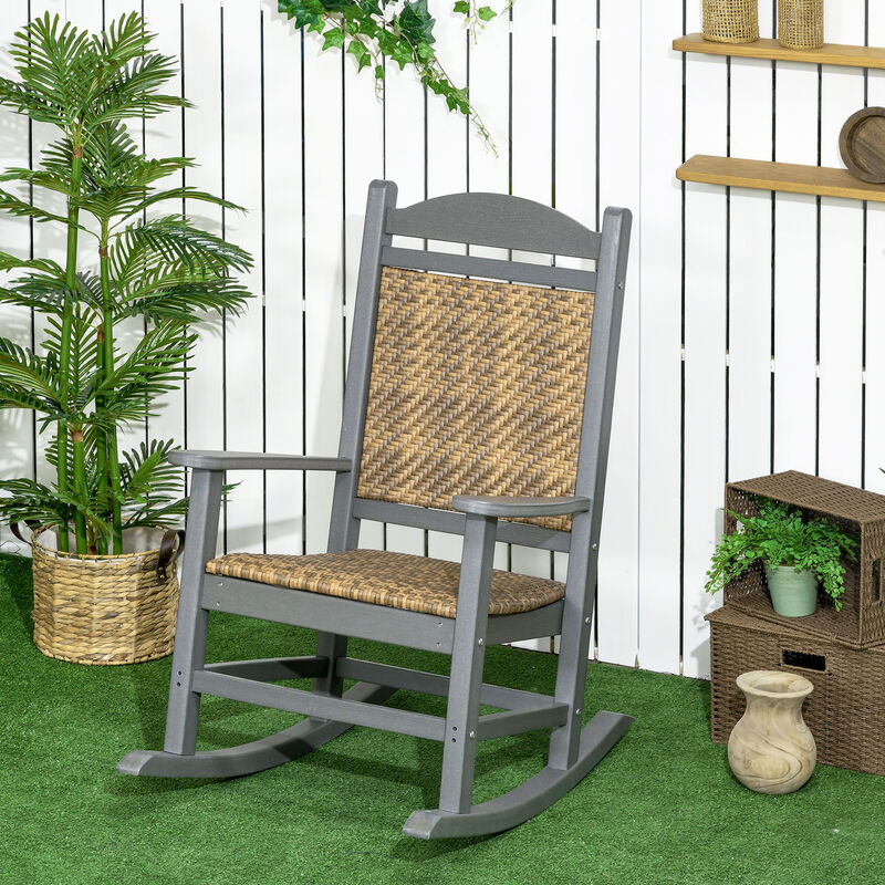 Outsunny Outdoor Rocking Chair, Traditional Wicker Porch Rocker w/ Soft Padded Seat, Breathable Backrest, Fade-Resistant Waterproof HDPE Frame with PE Rattan for Indoor & Outdoor, Dark Gray