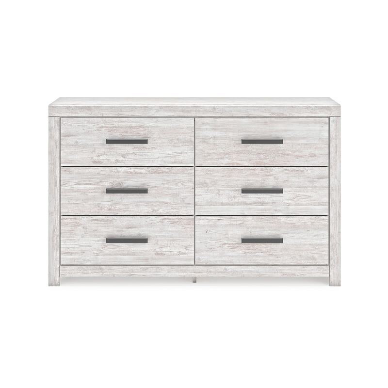 Cany Wide Dresser, 6 Drawers with Black Handles, Vintage Whitewash - Benzara