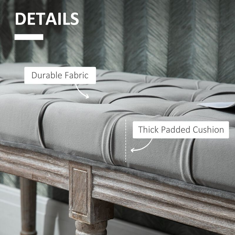 Grey Living Room Bench: Upholstered Fabric Ottoman with Wood Legs