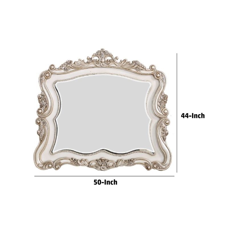 50 Inch Solid Wood Mirror, Scalloped, Scroll Ornate Trim, Antique White