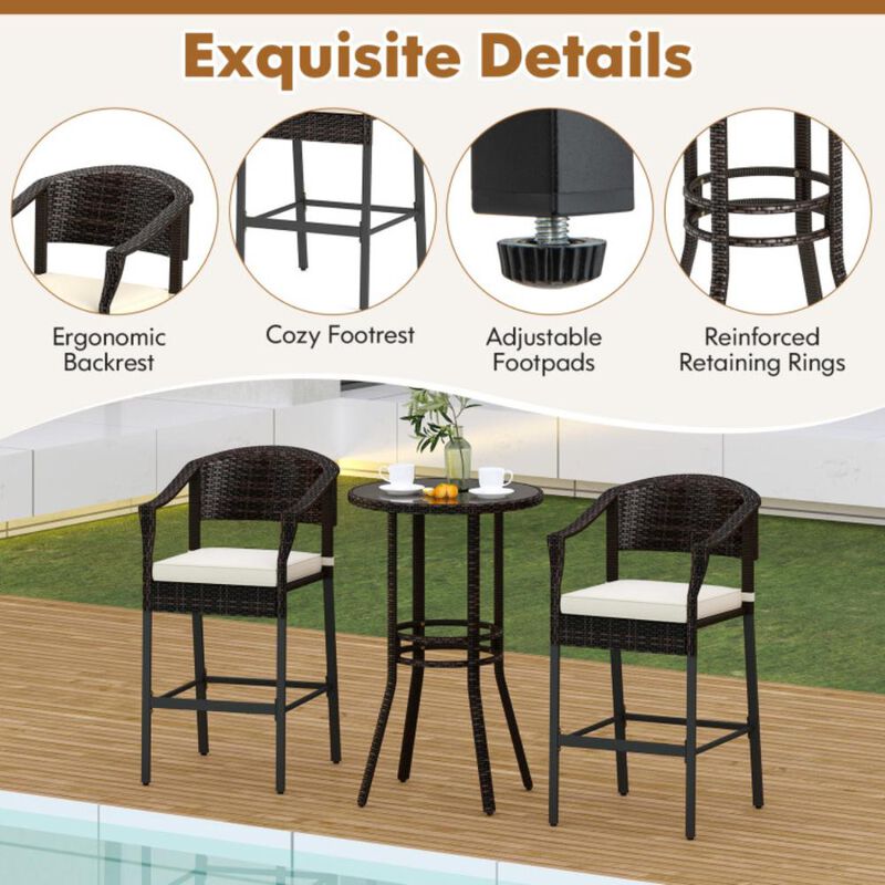 Hivvago 3-Piece Patio Rattan Bar Set with Tempered Glass Top for Backyard Poolside