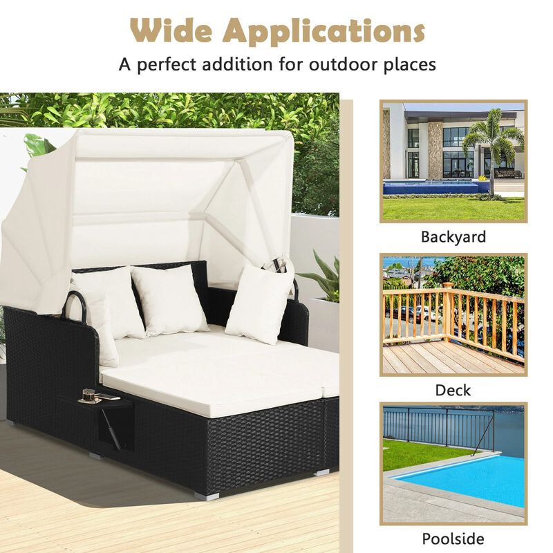 Mondawe Patio Rattan Daybed with Retractable Canopy and Side Tables