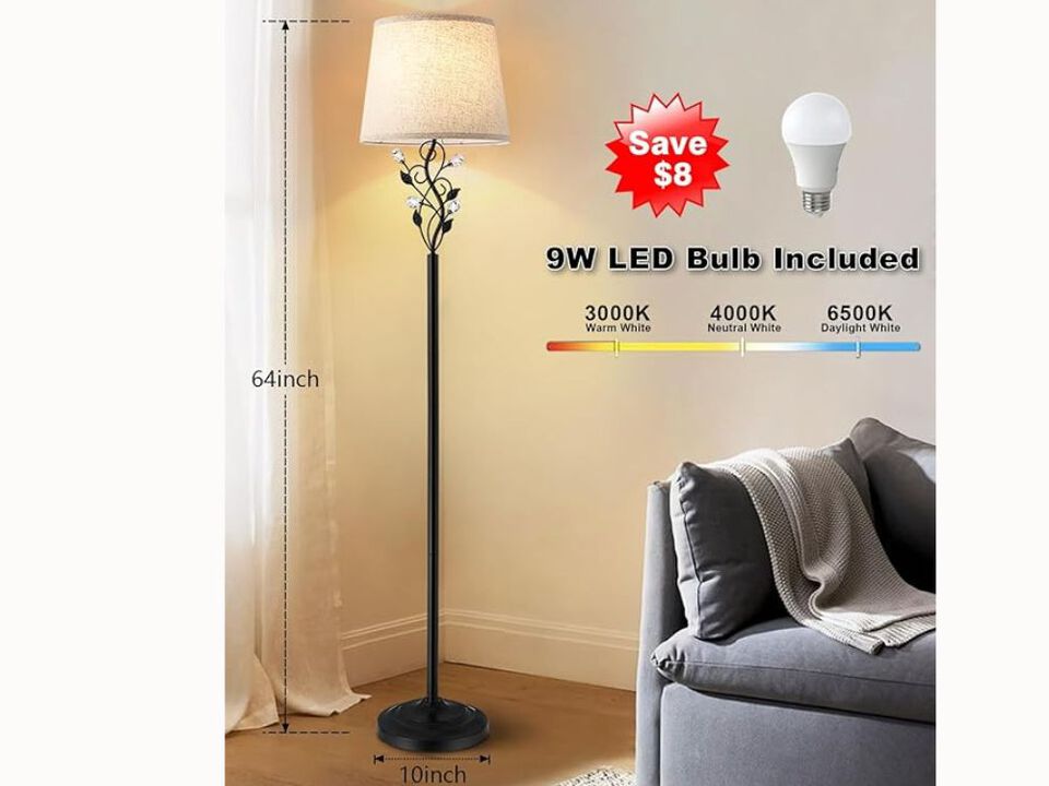 Sheeta 65" Farmhouse Floor Lamp &ndash; Rustic Leaf Design, 3-Color LED Bulb, Tall Black Lamp