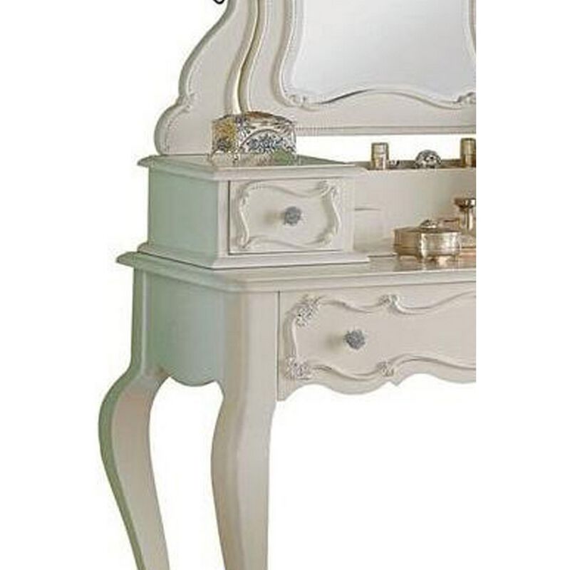 63 Inch Wood Classic Vanity Desk with Mirror, 3 Drawers, Carved, White