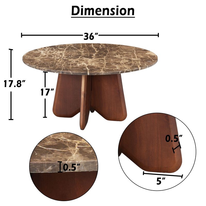 Zena 36 Inch Round Coffee Table, Spainish Emperador Marble Top, Brown Mango Wood Cross Legs image number 3