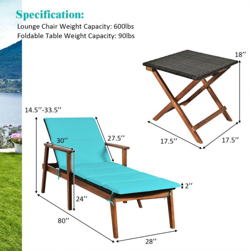 3 Pieces Portable Patio Cushioned Rattan Lounge Chair Set with Folding Table-Turquoise