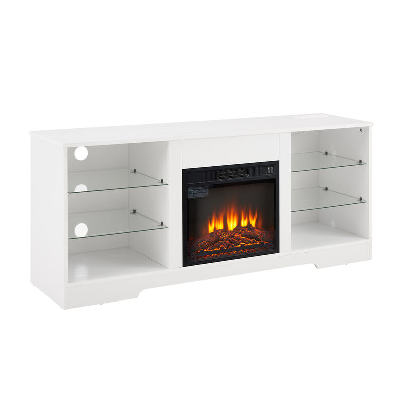 Electric Fireplace TV Stand with Glass Shelves – Cozy Entertainment Center with Stylish Storage