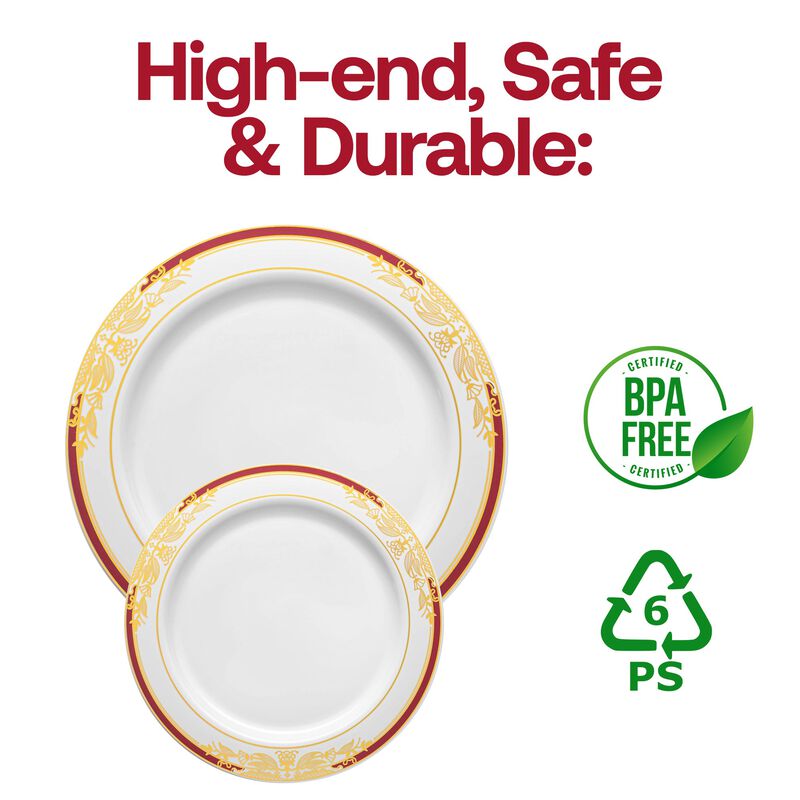 White with Burgundy and Gold Harmony Rim Plastic Dinnerware Value Set (40 Sets) image number 5