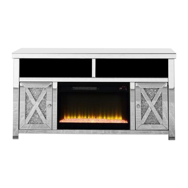 TV Stand with Electric Fireplace and Beveled Mirror Framing, Silver