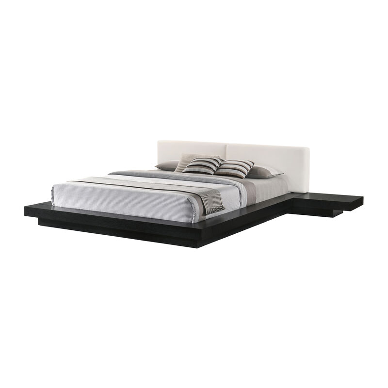 Nia King Platform Bed, White Faux Leather Upholstery Black Nightstands