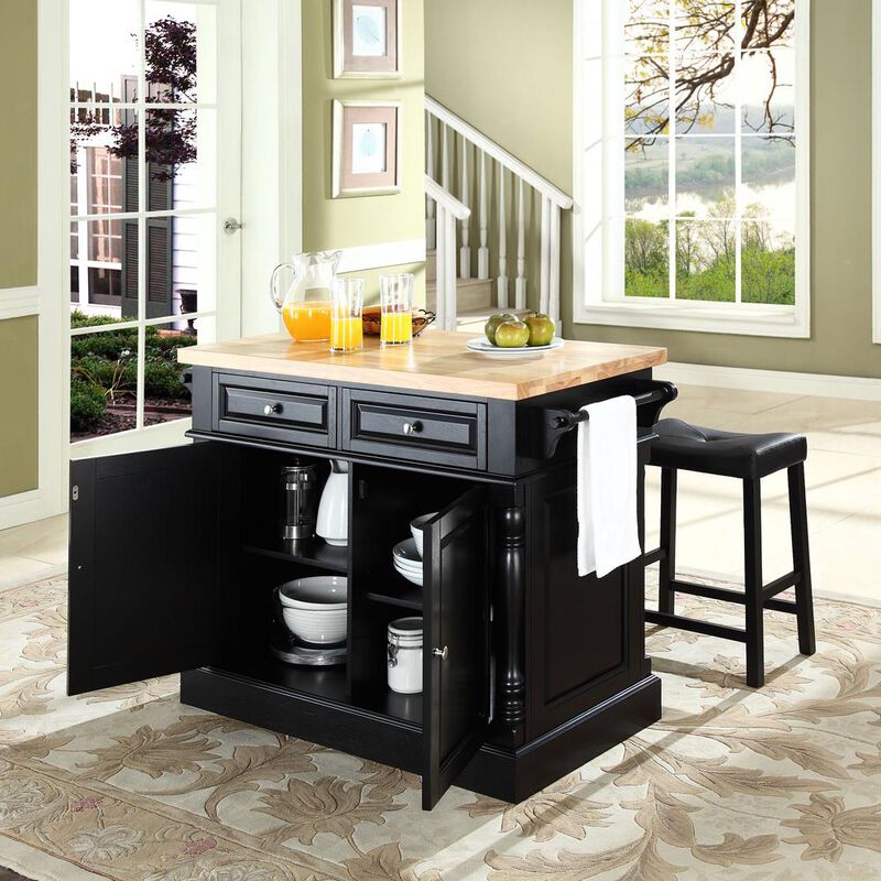 Oxford Kitchen Island W/Upholstered Saddle Stools