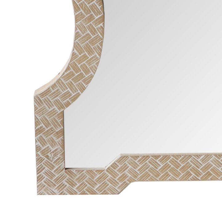Scalloped Top Wooden Framed Wall Mirror with Geometric Texture, Brown-Benzara