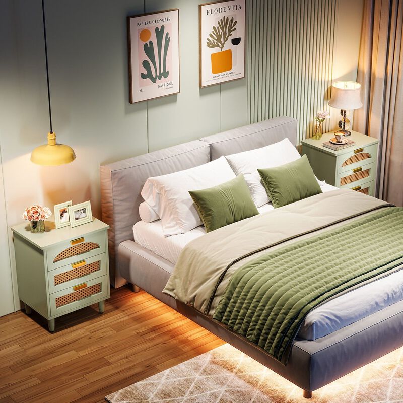 Bedside Table with 3 Drawers, Rattan Nightstand Storage Cabinet-Green image number 6