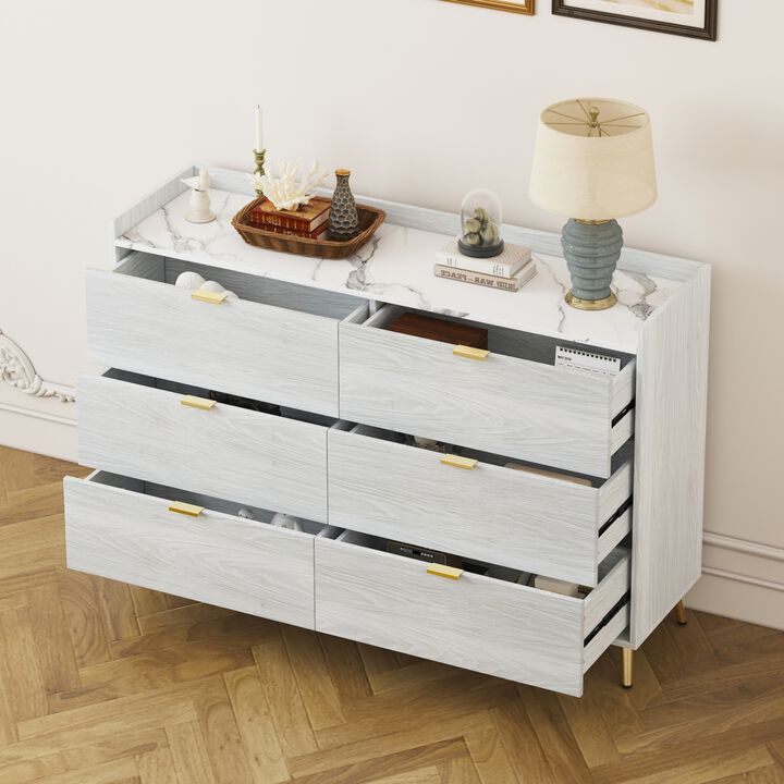 55" Long 6 Drawer Dresser with Marbling Worktop, Mordern Storage Cabinet with Metal Leg and Handle for Bedroom, White
