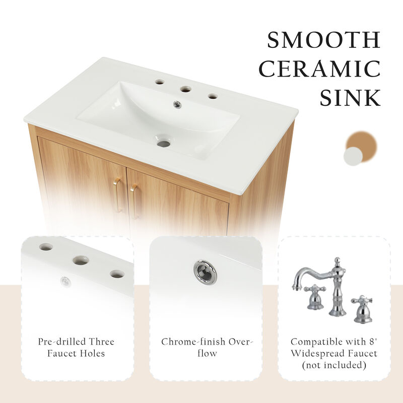 Whisen 30" Bathroom Storage Cabinet Bathroom Vanity with Ceramic Sink, Adjustable Shelf and Drawer