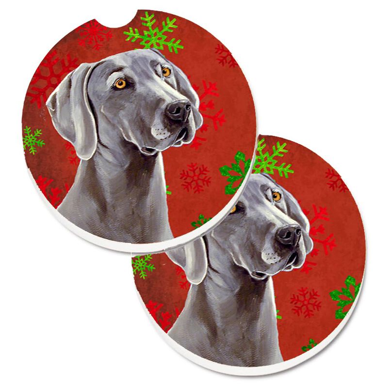 Caroline's Treasures Weimaraner Red & green Snowflakes Holiday Christmas Set of 2 Cup Holder Car Coasters LH9341CARC, 2.56, Multicolor image number 0