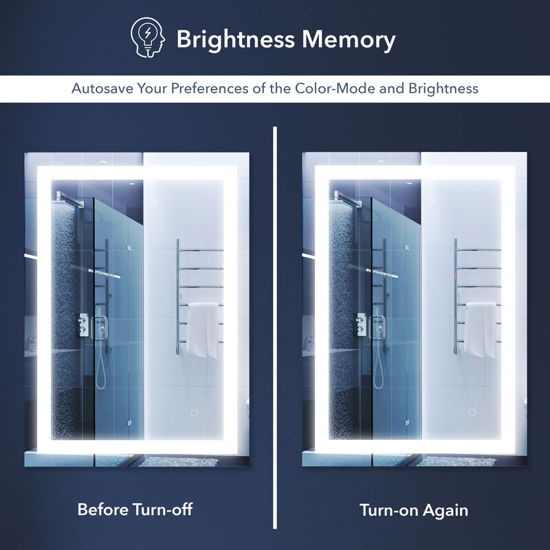 Remy Rectangular Frameless Antifog Front-Lit Wall Bathroom Vanity Mirror, Smart Touch