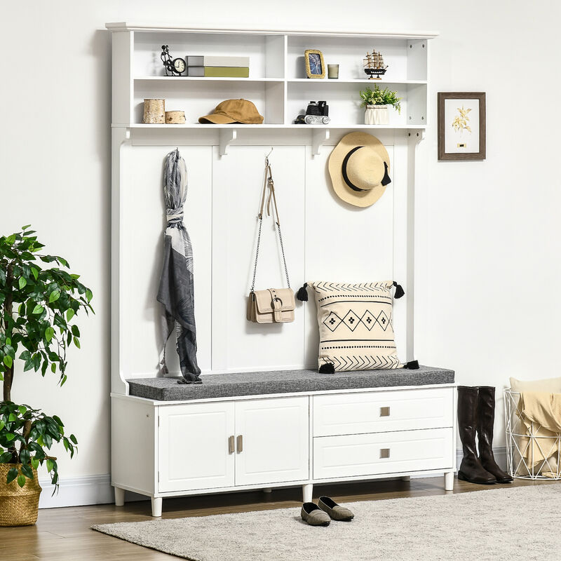 HOMCOM Hall Tree with Storage Bench, Entryway Bench with Coat Rack, Accent Coat Tree with Storage Shelves, Cabinet and Drawers for Hallway, Mudroom, White