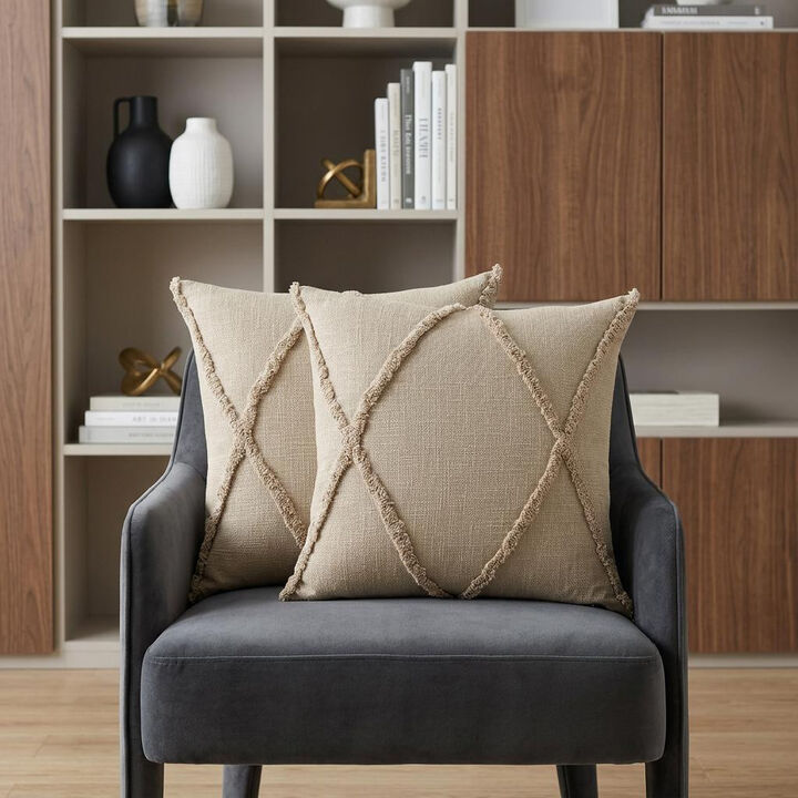 HomeRoots Set of Two Taupe and Brown Diamond Cotton Throw Pillow With Fringes