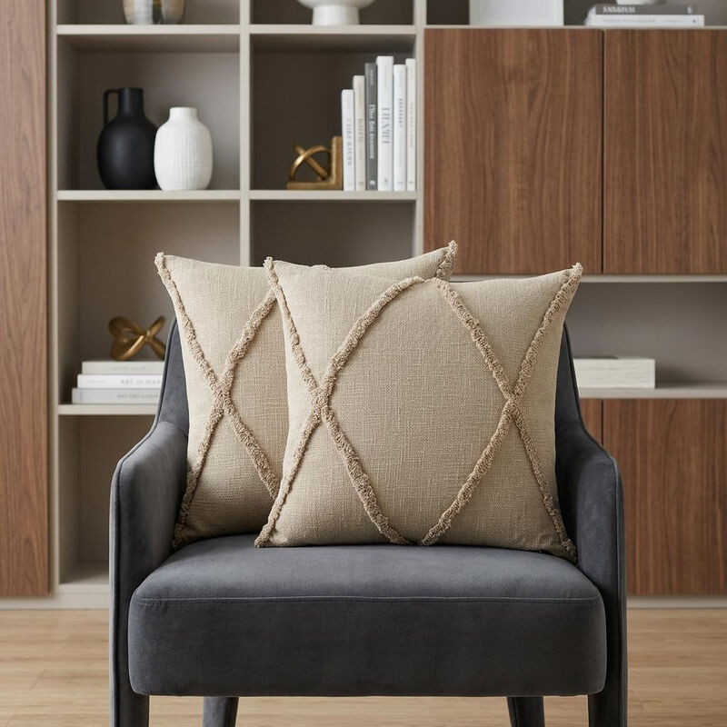HomeRoots Set of Two Taupe and Brown Diamond Cotton Throw Pillow With Fringes image number 1