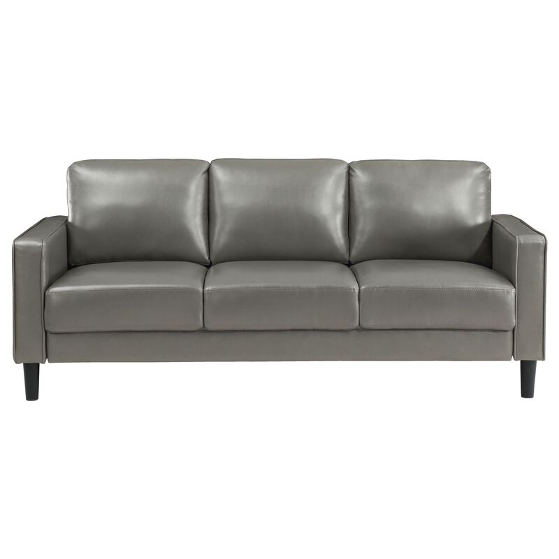 Rumi Sofa, Gray Faux Leather, Modern Track Arms, Foam Cushions