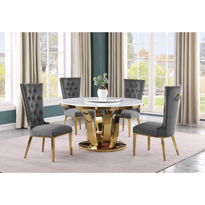 5pc White marble round dining set with gold base and 4 Dark Grey side chairs