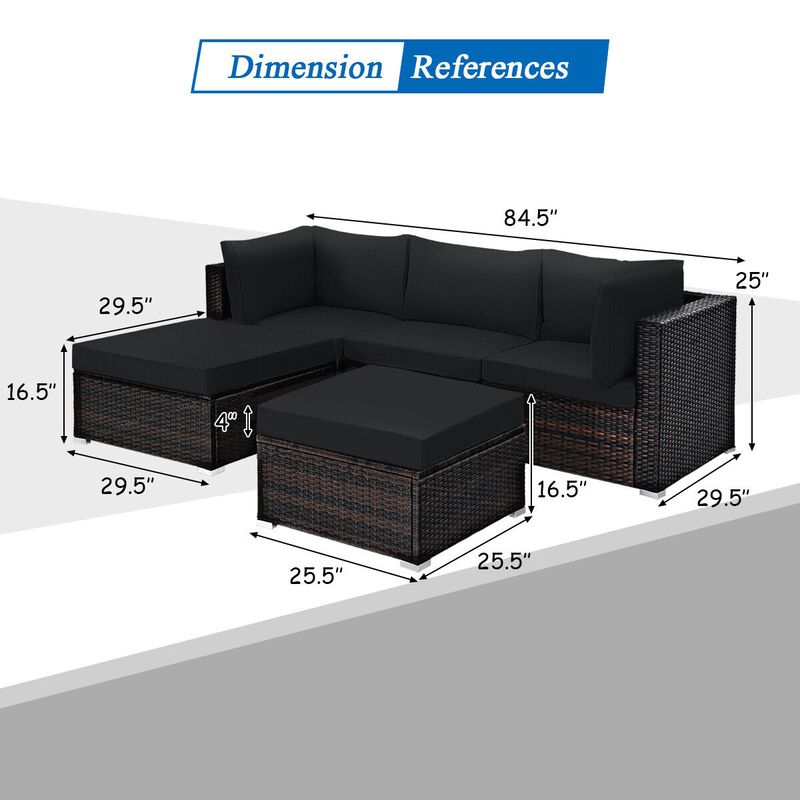 5 Pieces Patio Rattan Sofa Set with Cushion and Ottoman