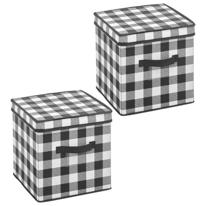 mDesign Square Gift-Wrap or Ornament Storage Box, Handles, 2 Pack, Black/White
