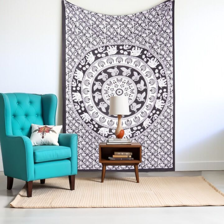 HomeRoots 80" X 56" Black And White Mandala Cotton Hanging Tapestry