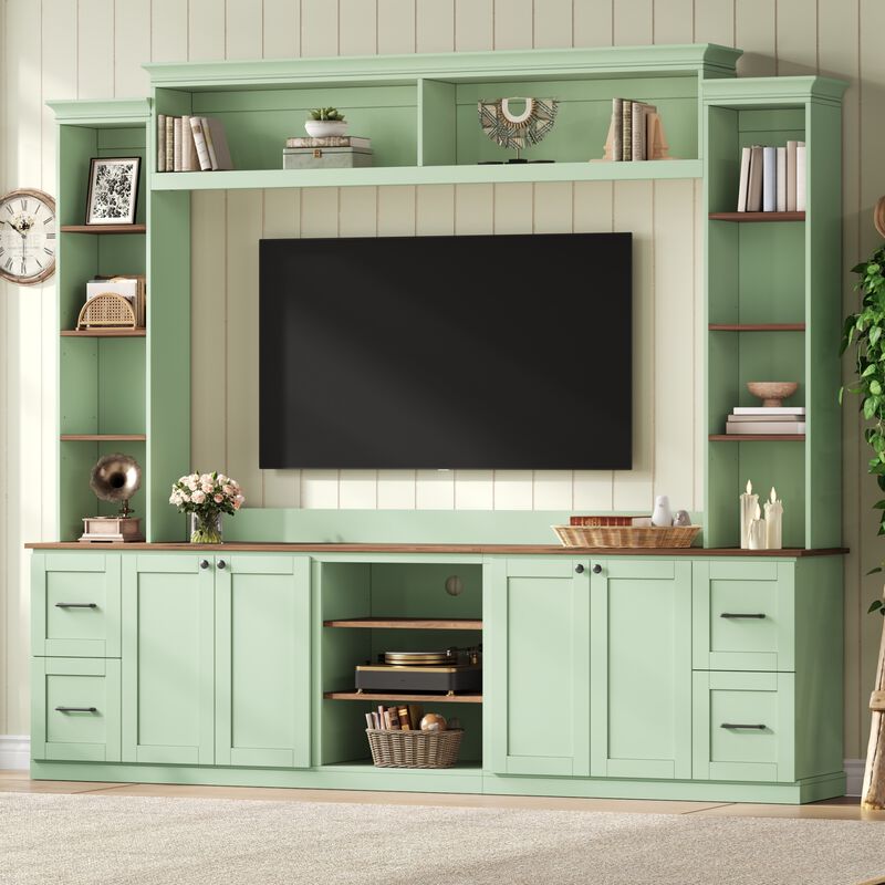 Merax Curved TV Stand with 4 Drawers, 2 Cabinets & 8 Adjustable Shelves &ndash; Walnut Finish image number 2