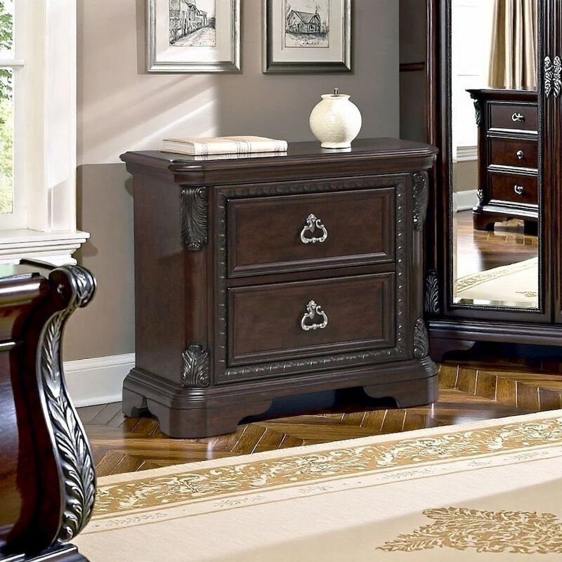 FurniFact 2 Drawer Cherry Nightstand, Dark Wood Bedside Table with Details image number 2