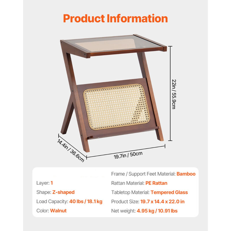 Z-Shaped Rattan Woven Wicker End Table with Tempered Glass Top