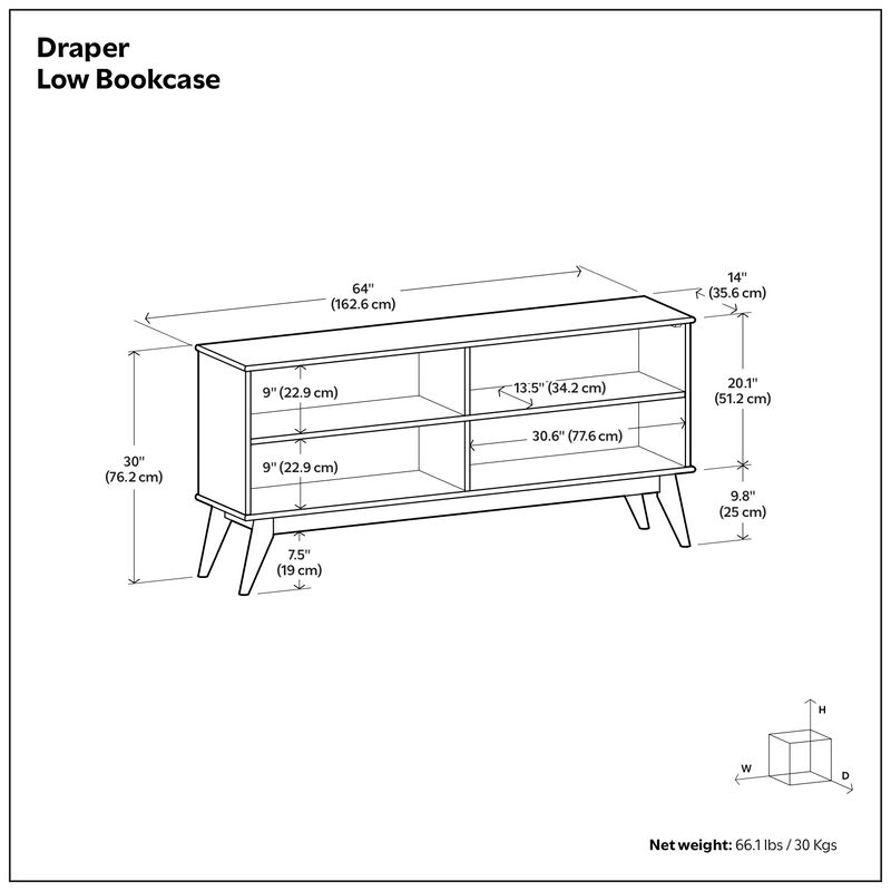 Draper SOLID HARDWOOD 30 inch x 64 inch Mid Century Modern Low Bookcase in Teak Brown