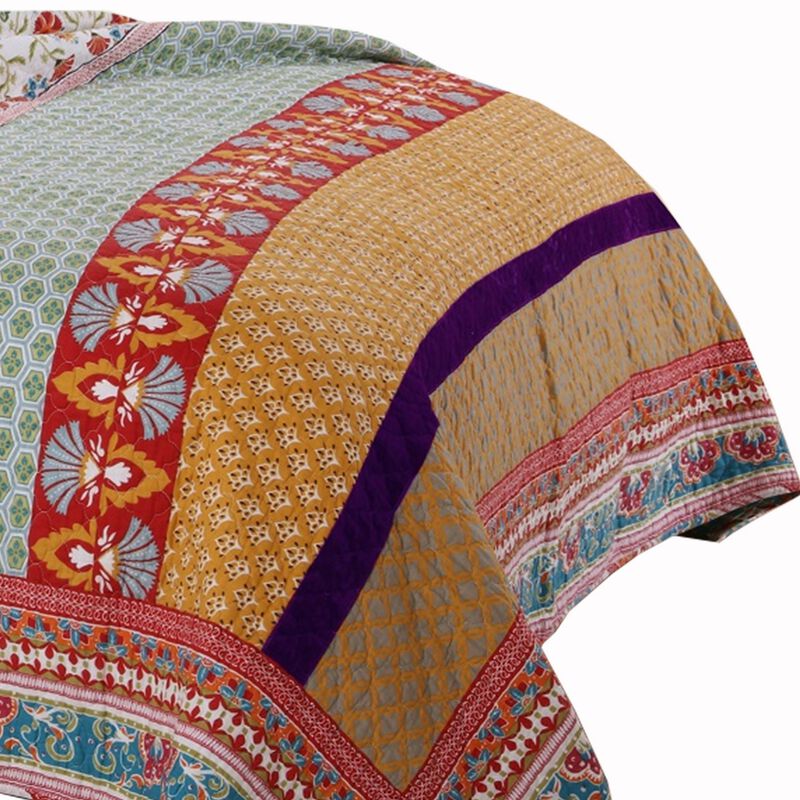 Geometric and Floral Print King Size Quilt Set with 2 Shams, Multicolor - Benzara