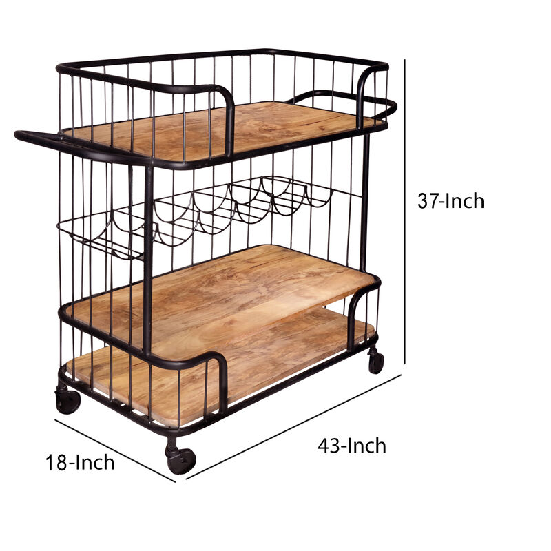 Metal Frame Bar Cart with Wooden Top and 2 Shelves, Black and Brown-Benzara