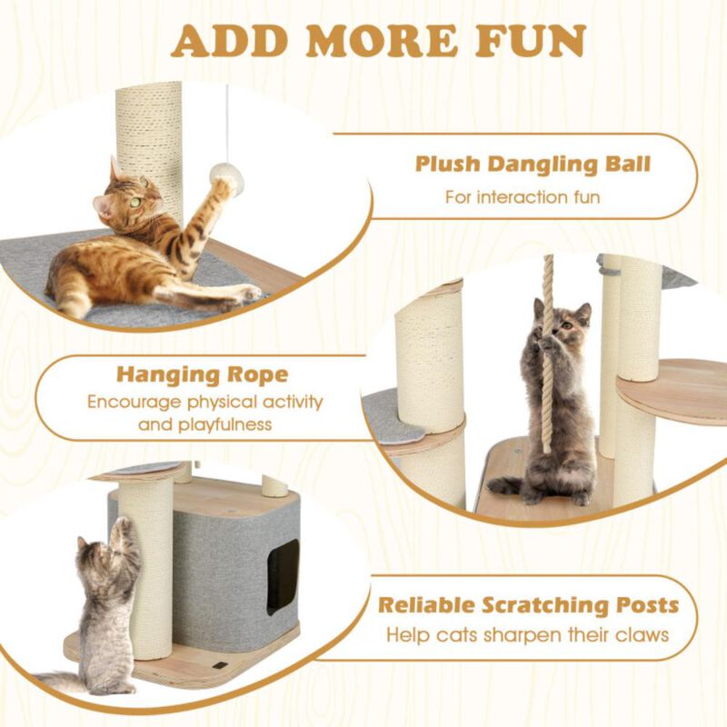 Hivvago 63 Inch Tall Cat Tree Modern Wooden Cat Tower with Perch Condo Hammock