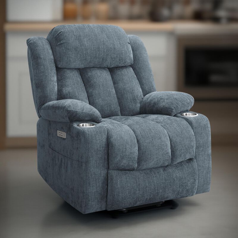 Limi Power Lift Recliner Chair, Slate Blue, USB Port, Cupholders - Benzara
