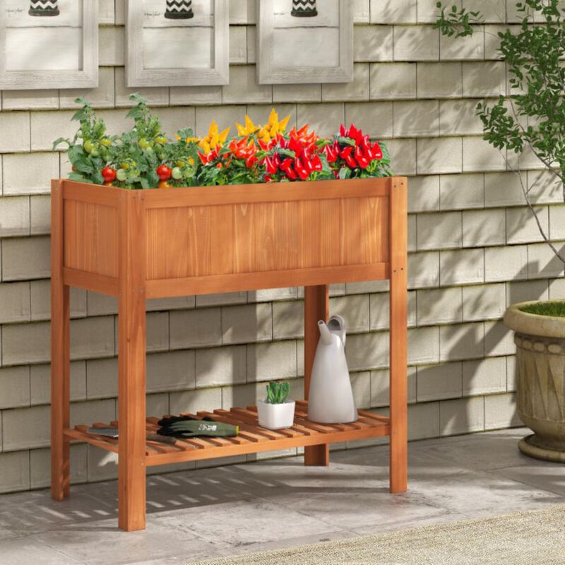 Hivvago Outdoor Raised Garden Bed Fir Wood Planter Box with Bottom Storage Shelf and Protective Liner
